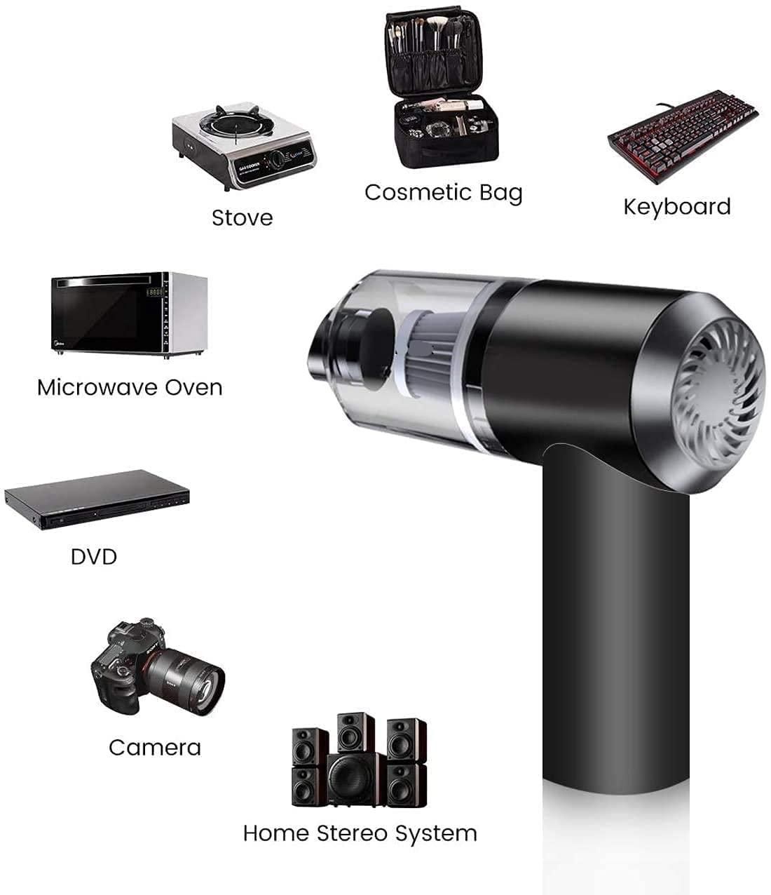 Black handheld vacuum cleaner with labeled items on a white background