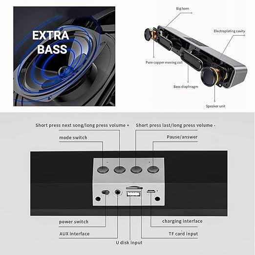 Opulentique SP-12 Smart Portable Stereo Wireless Soundbar Bluetooth V5.0 Connectivity15 Watts 2.0 Sound Treble Extra Bass Speaker Supports TF/SD Card/USB/AUX 8 Hours Playback Time IPX4 Waterproof- Black Color With 6 Month Warranty