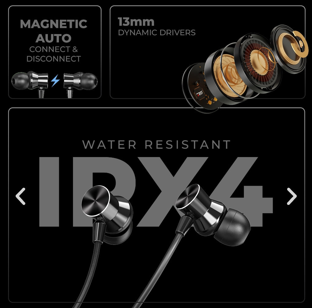 In-ear headphones with magnetic auto connect/disconnect feature, dynamic drivers, water resistance IPX4 rating on a black background.