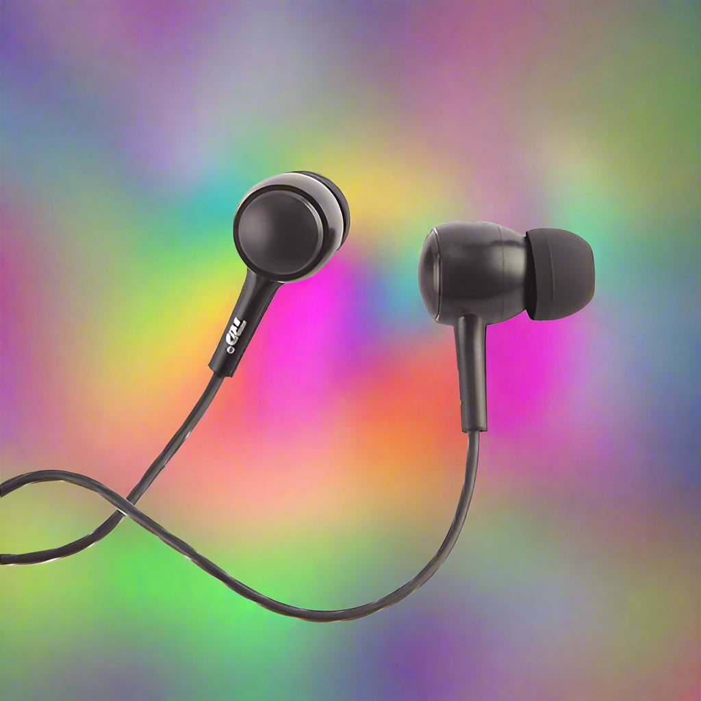Black earphones with a coiled cable on a white background