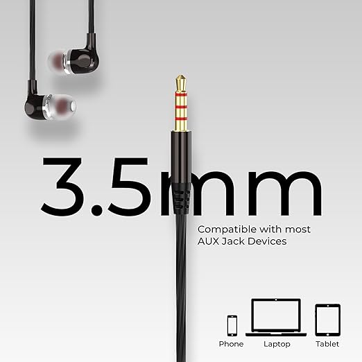 Opulentique T-6 in Ear Wired Headphone with in-Line Mic | Stereo Audio Extra Bass | 3.5mm Aux Audio Jack | One Meter Tangle Free Cord Wired Earphone | IPX4 Water Resistant | Black Color