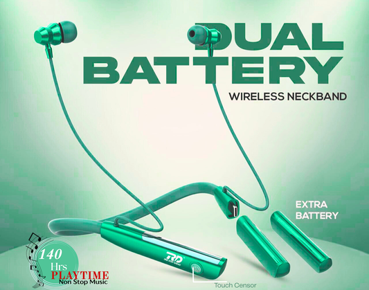 Green wireless neckband with dual battery feature on a light green background