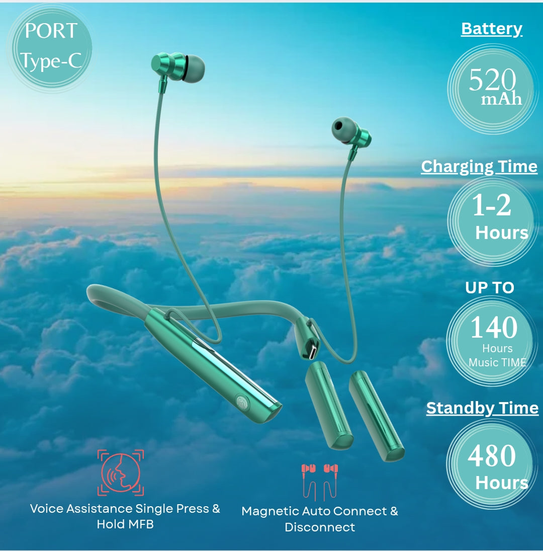 Opulentique M160 Wireless Neckband With Upto 140 Hour 13mm Drivers, Type C ASAP Charging, Bluetooth V5.0 Gaming Neckband, ENX Tech, IPX4 Sweat Proof, 6 Months Warranty