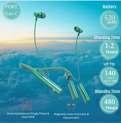 Opulentique M160 Wireless Neckband With Upto 140 Hour 13mm Drivers, Type C ASAP Charging, Bluetooth V5.0 Gaming Neckband, ENX Tech, IPX4 Sweat Proof, 6 Months Warranty