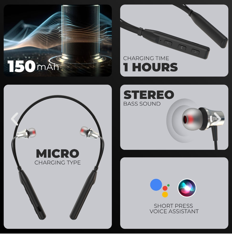 Opulentique-M120 Wireless Neckband With Bluetooth V.5.1 EDR Chip For Gaming 24 Hours Play Time