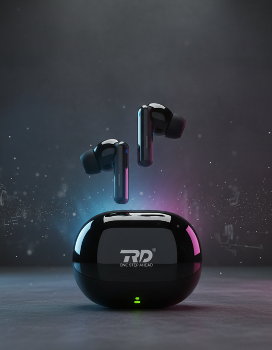 Black wireless earbuds with charging case on a dark background
