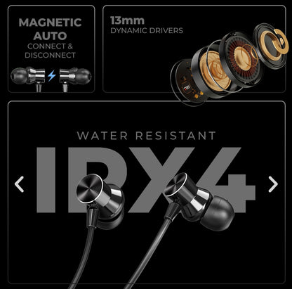 In-ear headphones with magnetic auto connect/disconnect feature, dynamic drivers, water resistance IPX4 rating on a black background.
