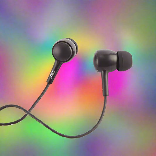 Black earphones with a coiled cable on a white background