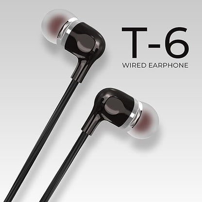 Opulentique T-6 in Ear Wired Headphone with in-Line Mic | Stereo Audio Extra Bass | 3.5mm Aux Audio Jack | One Meter Tangle Free Cord Wired Earphone | IPX4 Water Resistant | Black Color